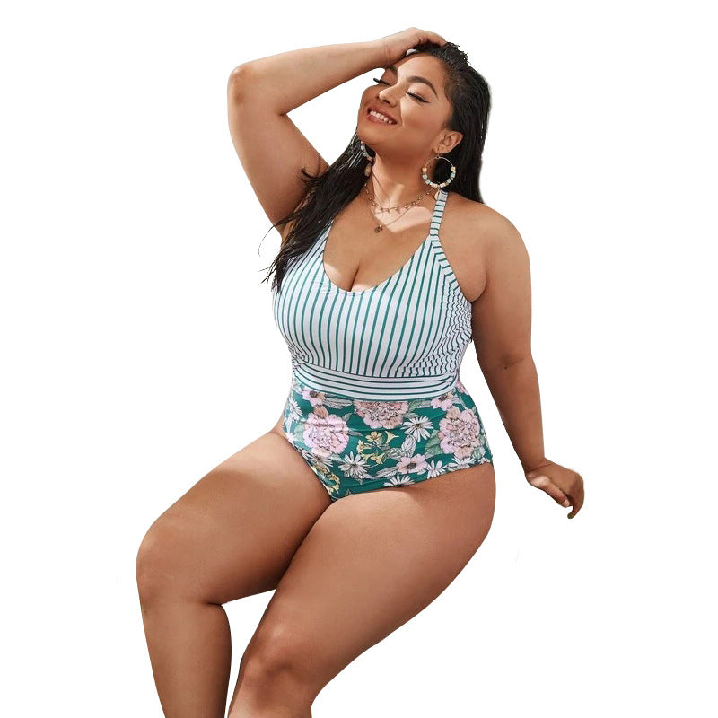 Plus Size Stripes and Floral One Piece Swimsuit – Pluspreorder