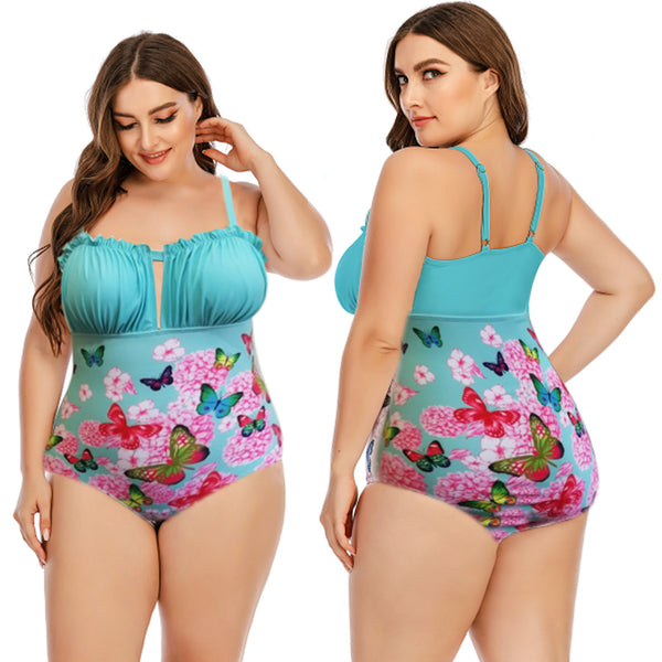 Plus Size Butterfly Square Neck One Piece Swimsuit