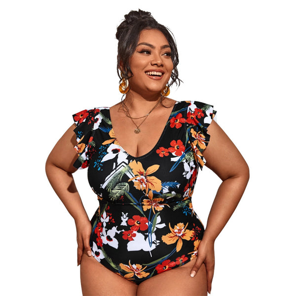Plus Size Floral Frill Short Sleeve One Piece Swimsuit