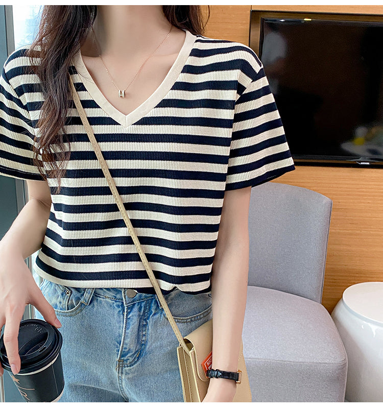 Plus Size Cotton Stripes V Neck Tee
