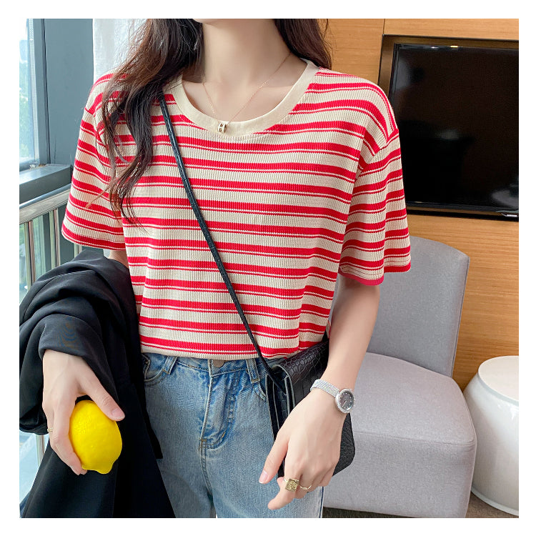 Plus Size Cotton Round Neck Stripes Tee