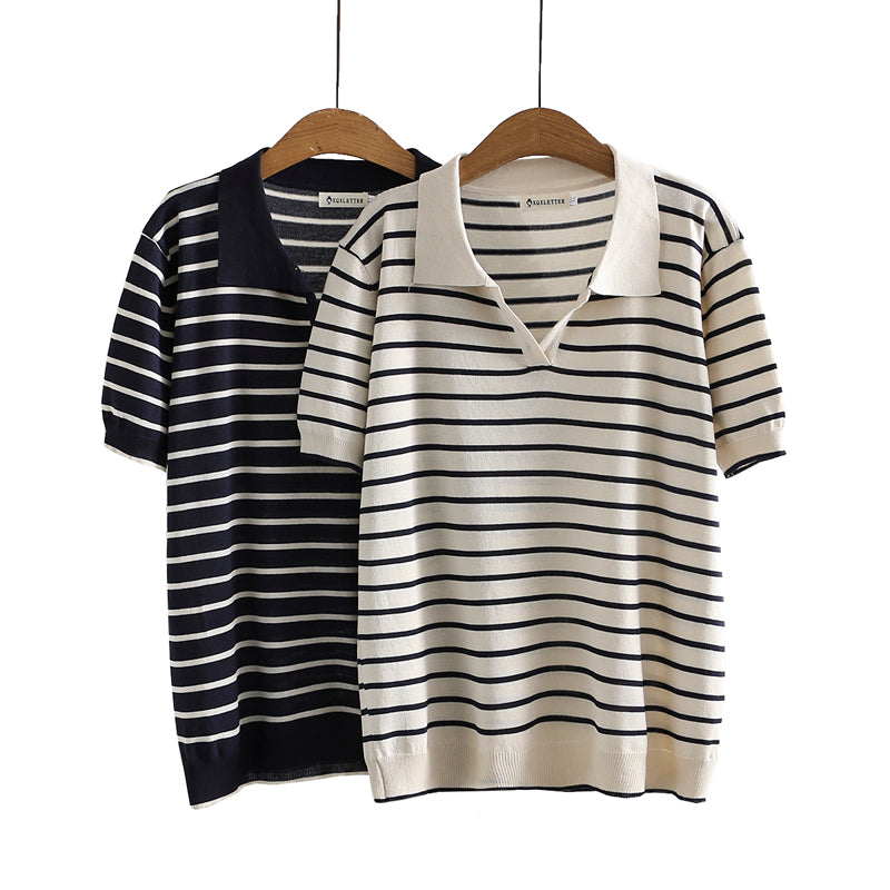 Plus Size Knit Stripe Polo T Shirt Blouse (EXTRA BIG SIZE)