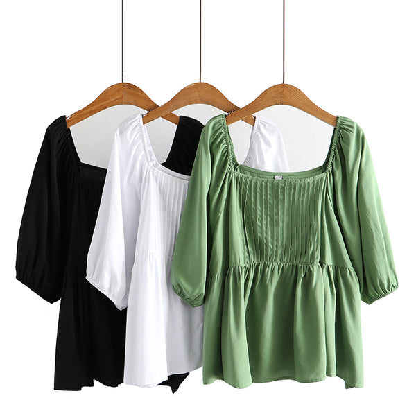 Plus Size Pleat Square Neck Peplum Blouse