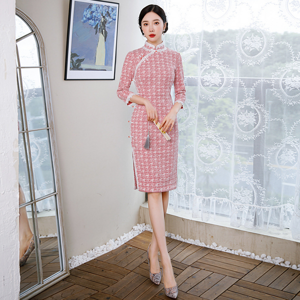 Plus Size Tweed Cheongsam Pencil Dress