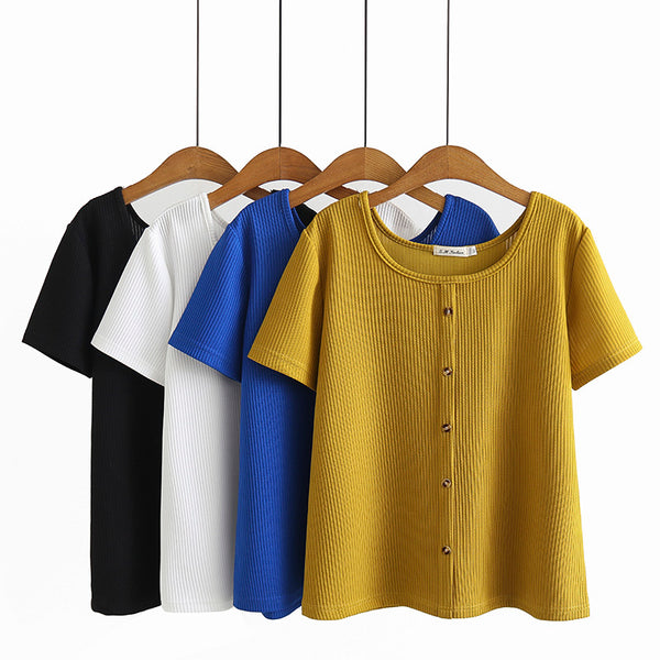 Plus Size U Neck Buttons Ribbed Knit T Shirt