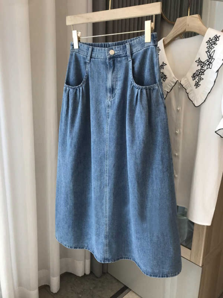 Plus Size Umbrella A Line Denim Pocket Midi Skirt