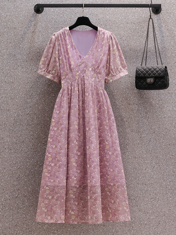 Plus Size V Neck Floral Korean Midi Dress