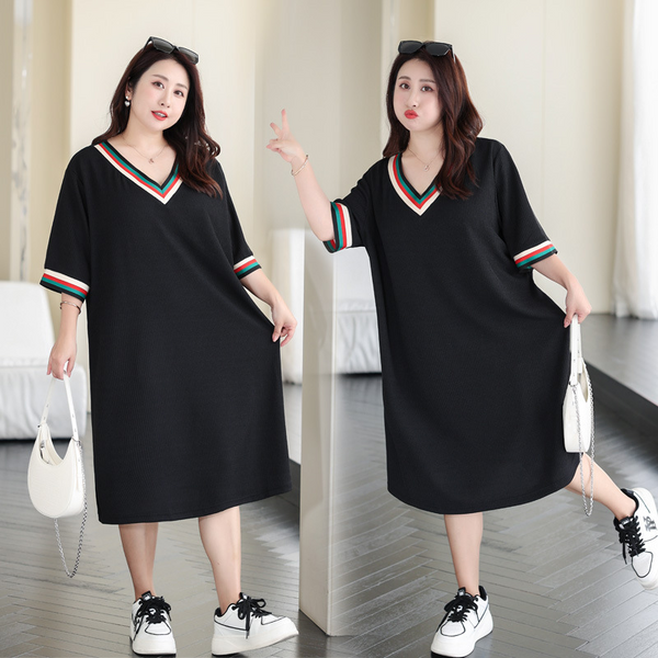 Plus Size V Neck Loose Stripes Casual Dress (Extra Big Size)