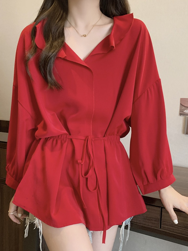 Plus Size V Neck Peplum Loose Long Sleeve Blouse