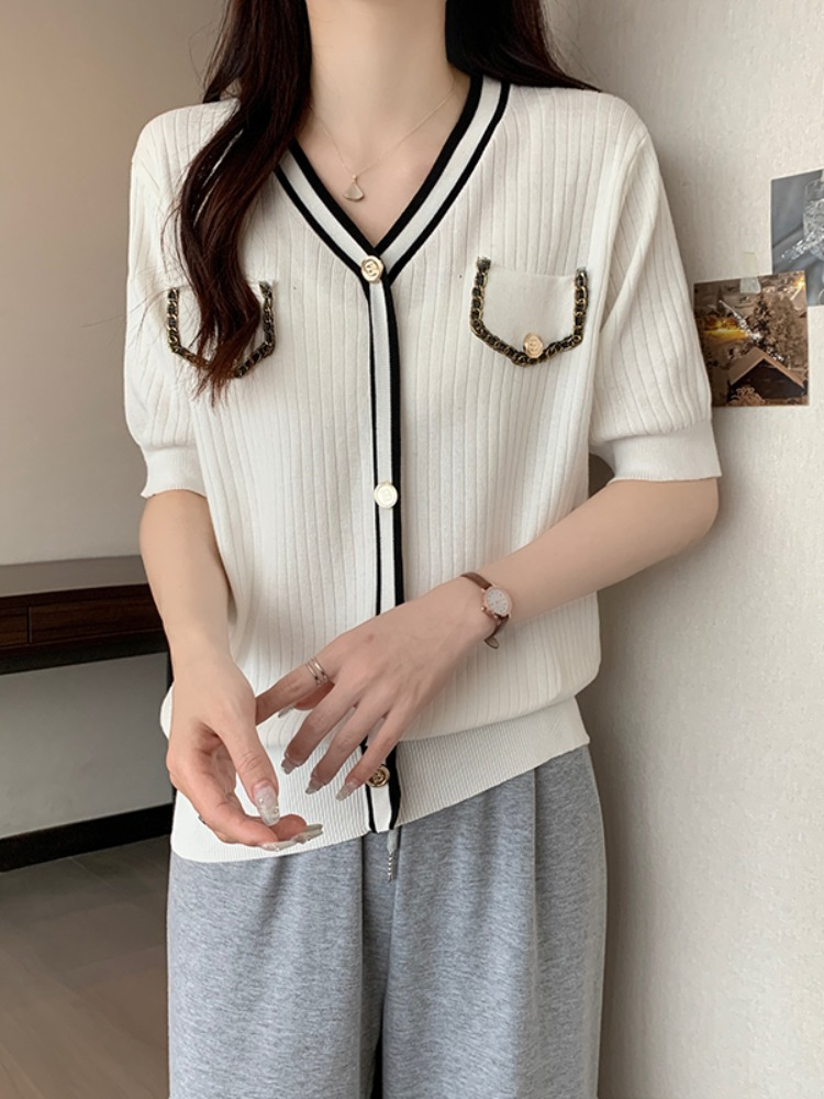 Plus Size V Neck Rib Knit Chanelesque Blouse