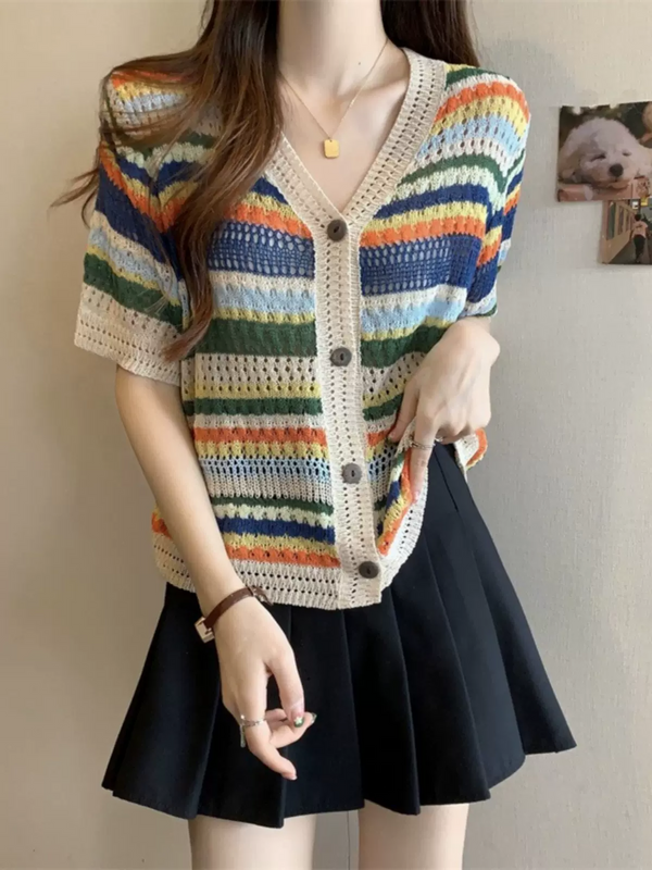 Plus Size Vintage Korean Stripe Knit Top