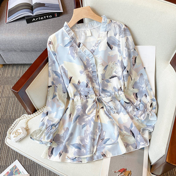 Plus Size Korean Watercolour Floral Long Sleeve Blouse