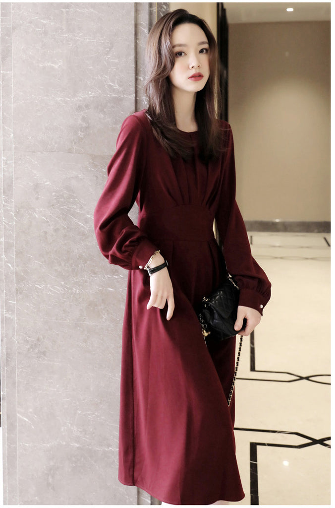 Plus Size Pleats Work Long Sleeve Midi Dress – Pluspreorder