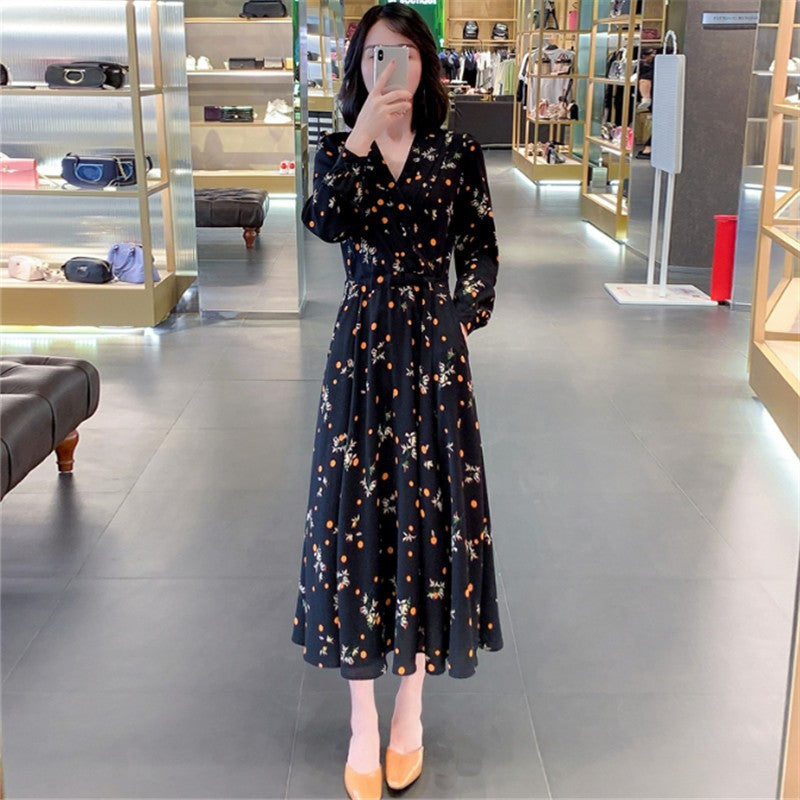 Plus Size Floral Wrap Long Sleeve Midi Dress