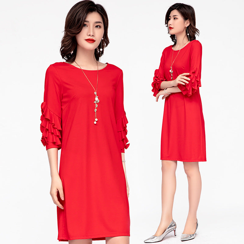 Plus Size Chiffon Frill Sleeve Red Dress