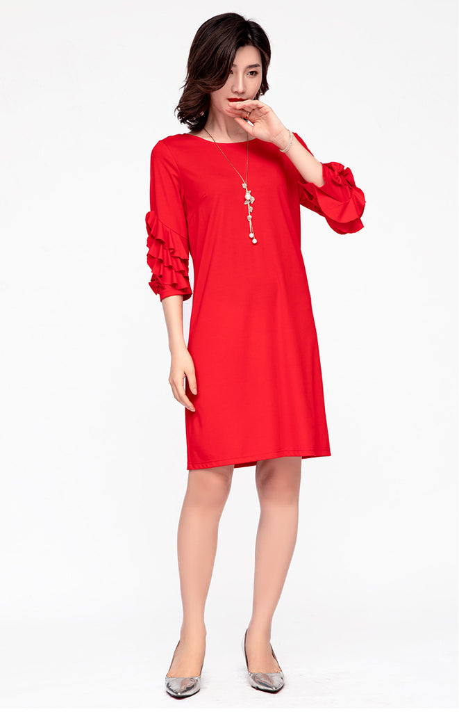 Plus Size Chiffon Frill Sleeve Red Dress  Pluspreorder