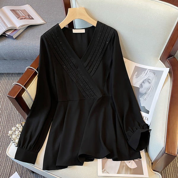 Plus Size Korean Embellished Wrap Long Sleeve Peplum Top