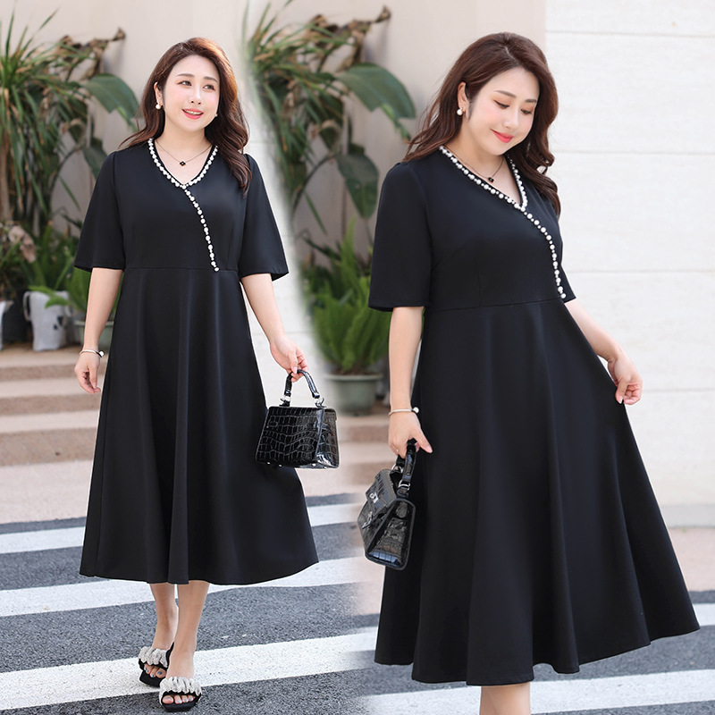 Plus Size Wrap Pearl V Neck Midi Black Dress (Extra Big Size)
