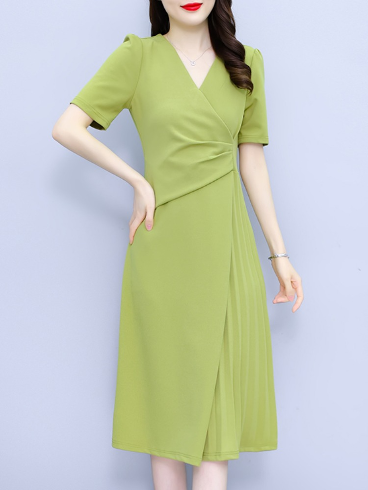 Plus Size Wrap V Neck Pleats Office Dress – Pluspreorder