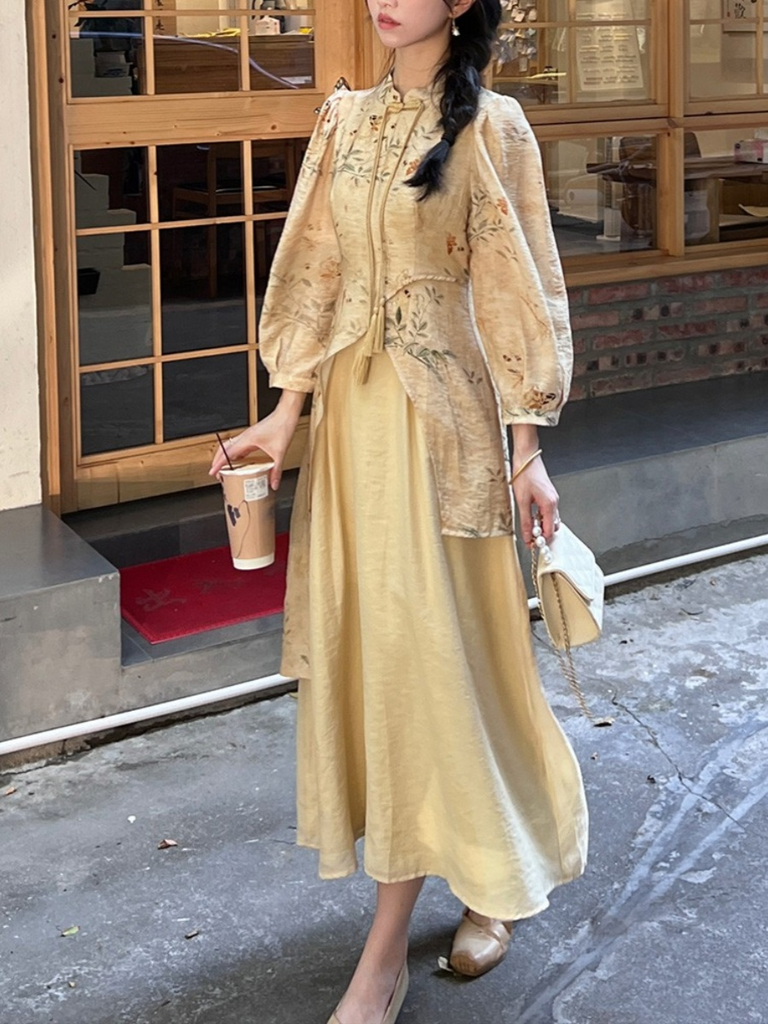 YELLOW FLORAL CHEONGSAM PANT SET
