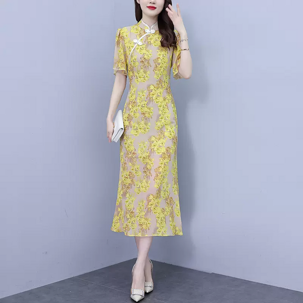 Plus Size Yellow Cheongsam Midi Dress