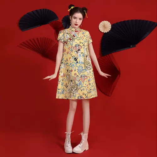 Plus Size Yellow Chinese Print Qipao Dress