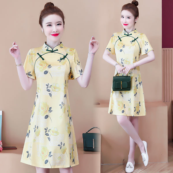 Plus Size Yellow Rose Print Cheongsam