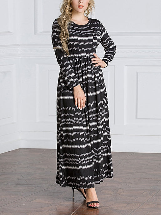 (S-6XL) Plus Size Muslimah Kimberlee Monochrome Stripes Long Sleeve Maxi Dress