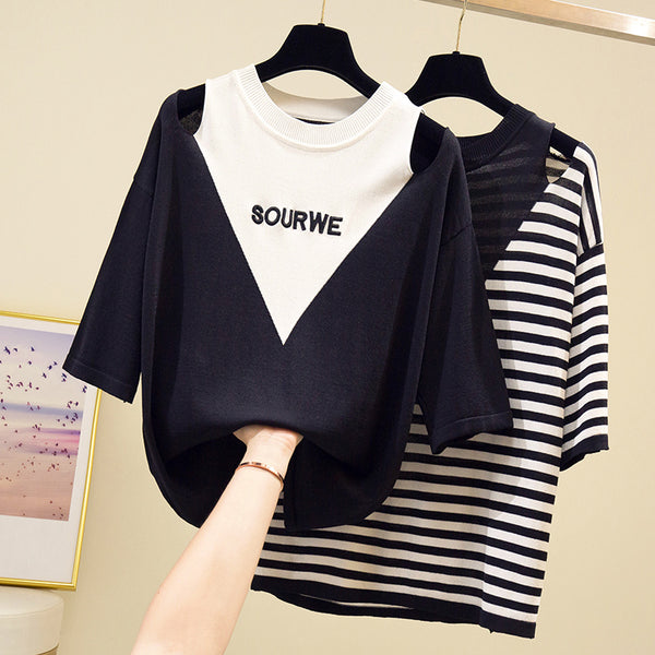 Plus Size Knit Exposed Collar Knit Top