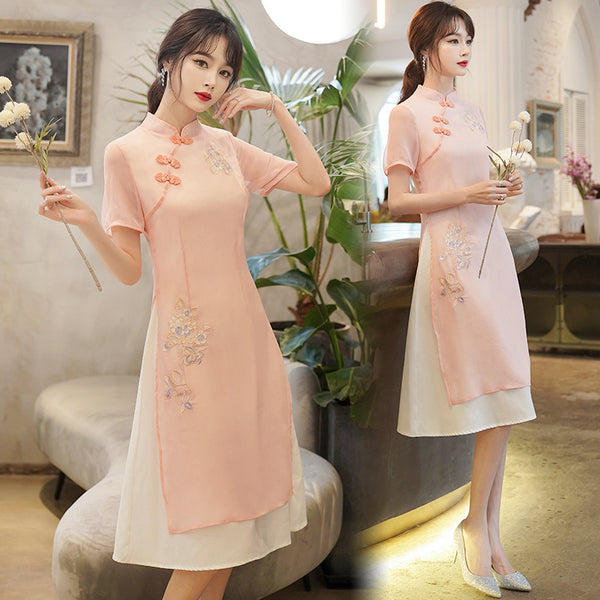 Plus Size Crepe Pink Embroidery Cheongsam