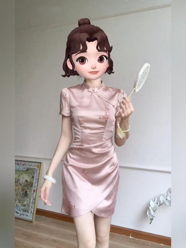 (S-4Xl) Plus Size Oriental Pink Wrap Short Cheongsam Dress