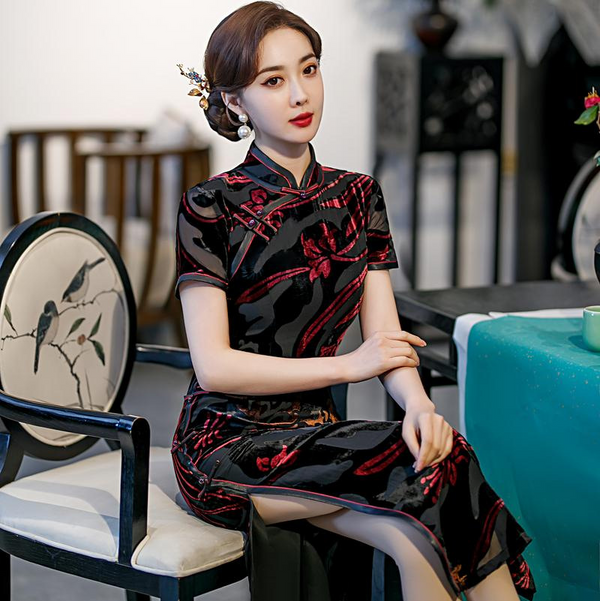 (S-5Xl) + Custom Size Plus Size Black Red Modern Oriental Cheongsam Evening Dress (Mother Of The Bride / Groom Suitable)