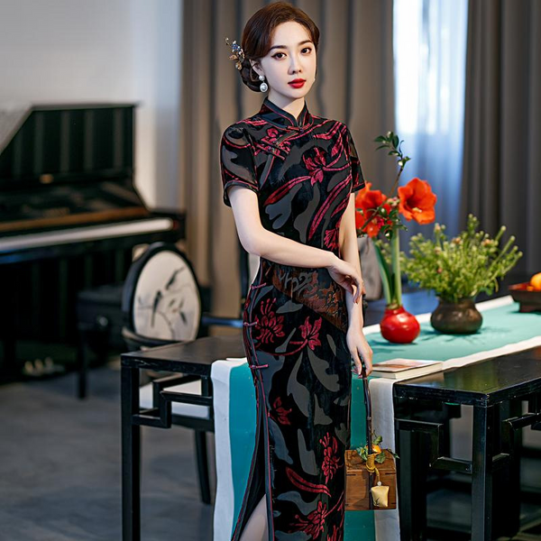 (S-5Xl) + Custom Size Plus Size Black Red Modern Oriental Cheongsam Evening Dress (Mother Of The Bride / Groom Suitable)