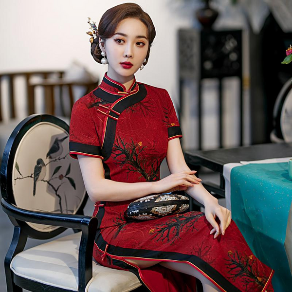 (S-5Xl) + Custom Size Plus Size Red Oriental Modern Qipao Maxi Dress