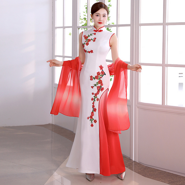 (S-5Xl + Custom Size) Plus Size Red Cherryblossoms Qipao Gown With Shawl (Mother Of The Bride Suitable)