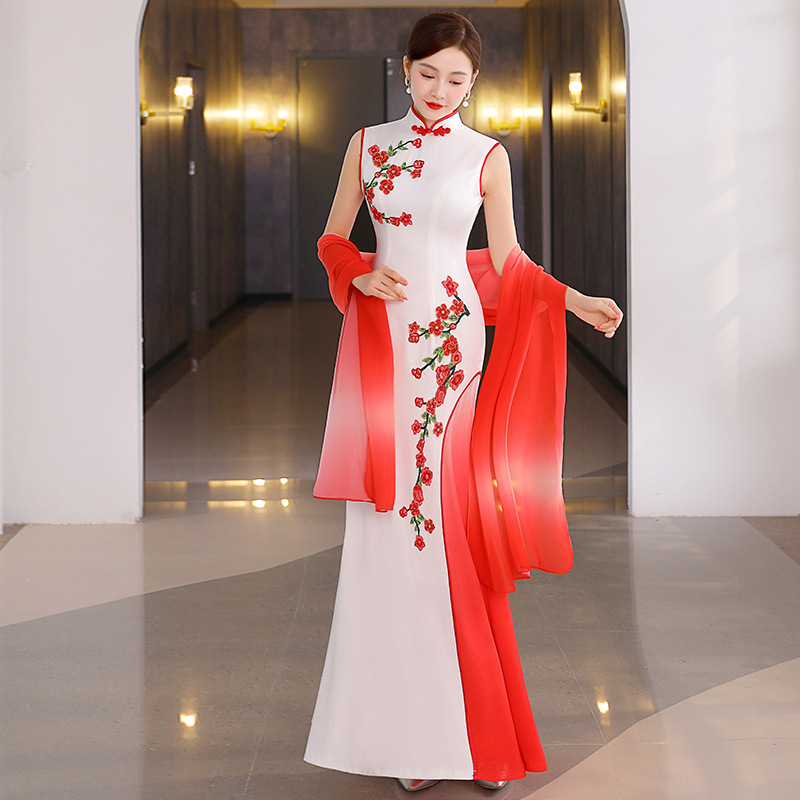 (S-5Xl + Custom Size) Plus Size Red Cherryblossoms Qipao Gown With Shawl (Mother Of The Bride Suitable)