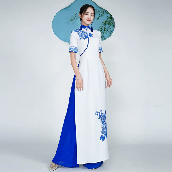 (S-5Xl + Custom Size) Plus Size Vietnamese Chinese Oriental Long Cheongsam Blouse And Pants Suit Set (Mother Of The Bride Suitable)