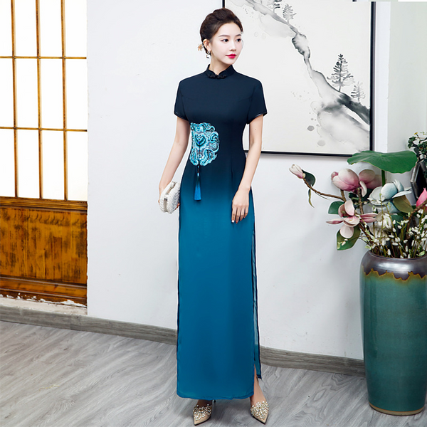 (S-5Xl) Plus Size + Custom Size Ombre Formal Cheongsam Dress For Wedding / Mother Of The Bride Or Groom