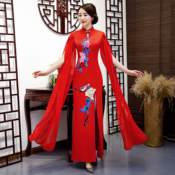 (S-5Xl) Plus Size Embroidery Formal Cheongsam Gown For Wedding / Performance
