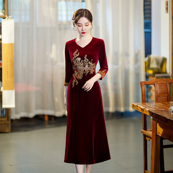 (S-5Xl) Plus Size Gold Velvet Oriental Formal Cheongsam Dress For Wedding / Dnd