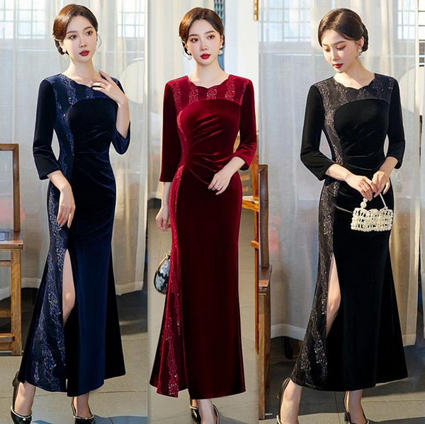(S-5Xl) Plus Size Lace Pattern Velvet Maxi Dress For Wedding / Performance
