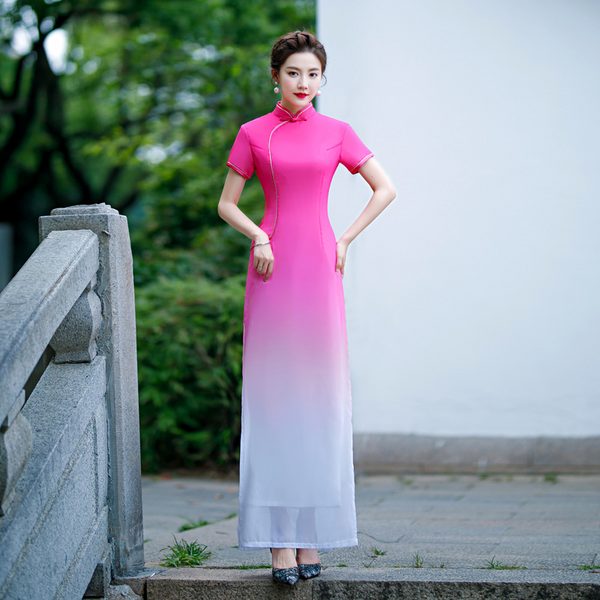 (S-5Xl) Plus Size Ombre Cheongsam Chinese Maxi Dress