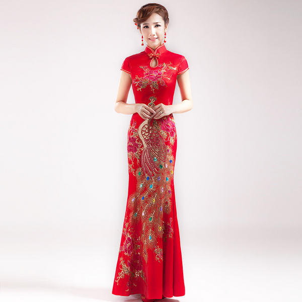 (S-5Xl) Plus Size Red Gold Embroidery Cheongsam Gown For Wedding Or Event