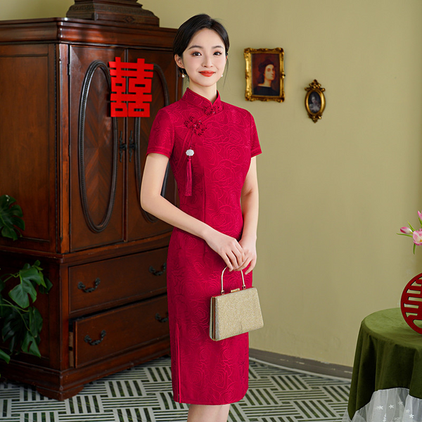(S-5Xl) Plus Size Red Lace Cheongsam