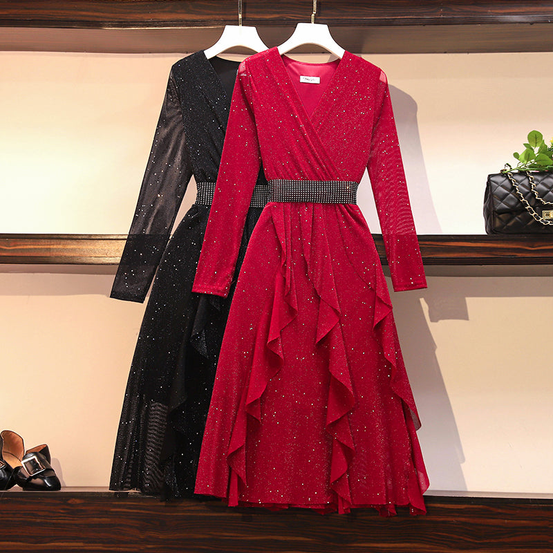 Plus Size V Neck Wrap Neckline Shimmer Long Sleve Frills Embellished Belt Long Sleeve Midi Dress (Red, Black) (Suitable For Weddings, Chinese New Year, Occasion) (EXTRA BIG SIZE)
