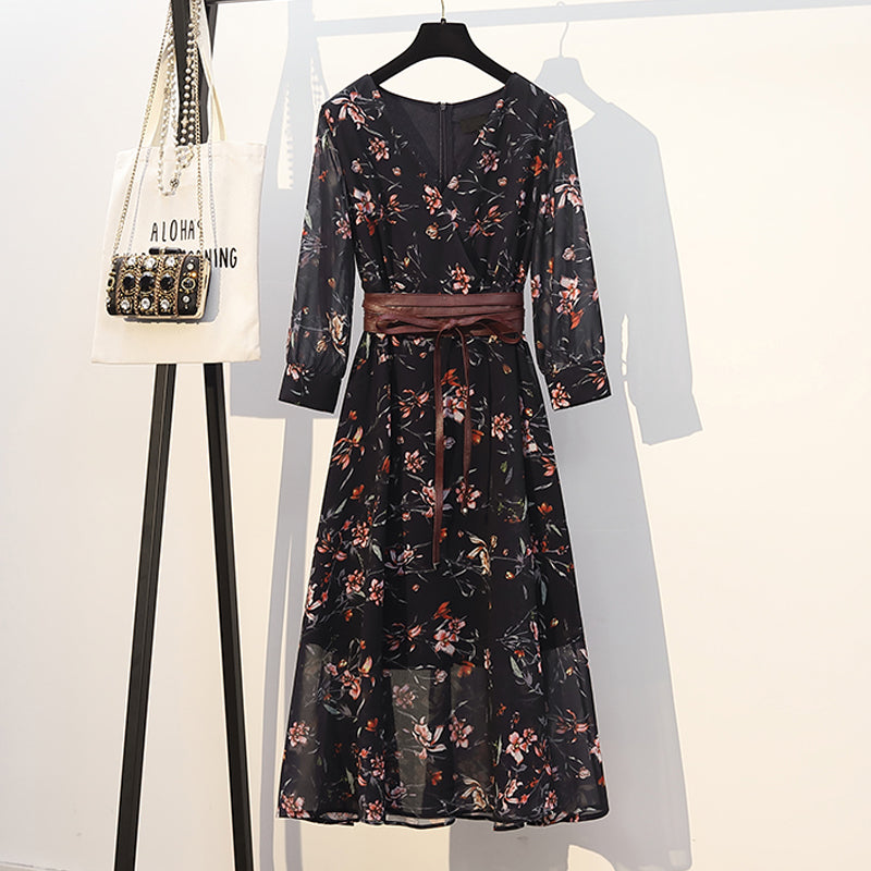 Plus Size V Neck Wrap Neckline Floral Print Corset Waist Brown Belted Chiffon Mid Sleeve Midi Dress<br>