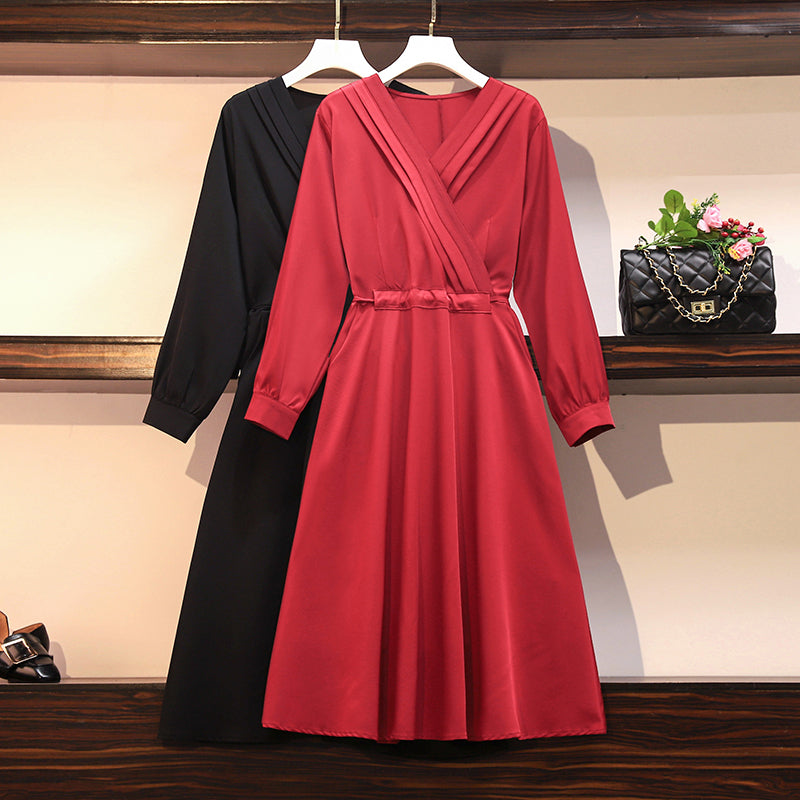 Plus Size V Neck Wrap Neckline Swing Long Sleve Midi Dress (Red, Black) (Suitable For Work, Weddings, Chinese New Year, Occasion) (EXTRA BIG SIZE)