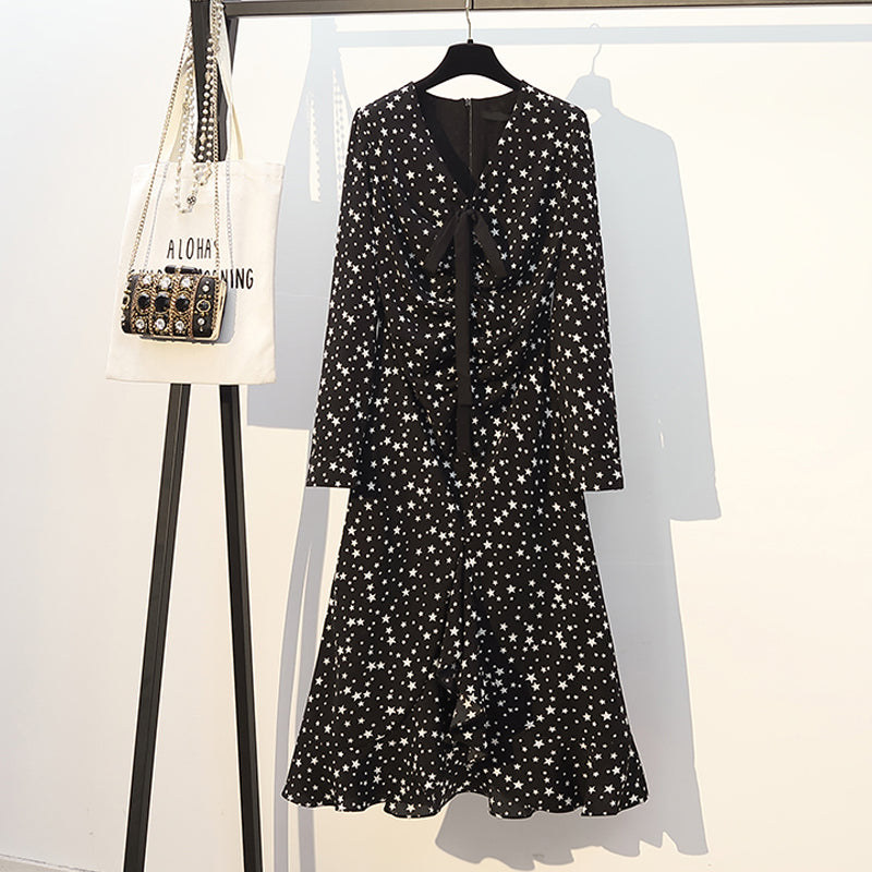 Plus Size V Neck Ribbon V Neck Stars Print Frill Hem Long Sleeve Midi Dress