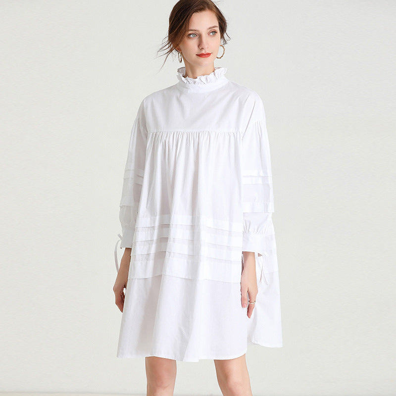 Wren Plus Size Cotton Frill High Neck Pleats Ribbon Back Long Sleeve Blouse (White, Black, Red, Khaki, Blue)