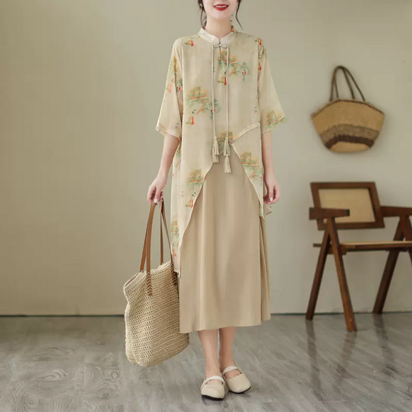 (XL-2XL) Plus Size 2-in-1 Chiffon Qipao Midi Dress